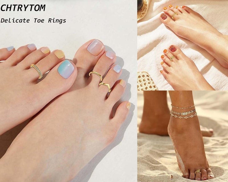CHTRYTOM 6PCS Toe Rings for Women 18K Gold Silver Toe Ring Set Adjustable Non Tarnish Band Simple Beach Foot Jewelry for Summer - Image 5
